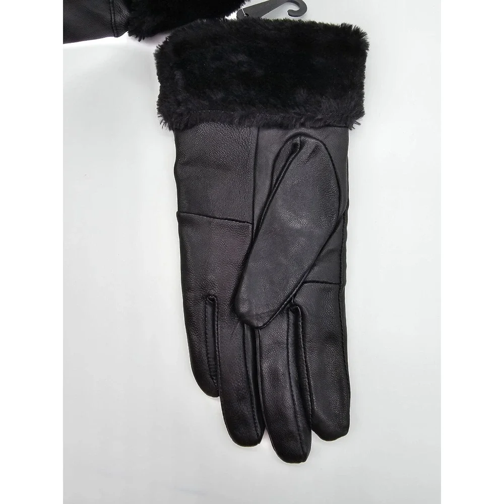 NYA Womens Black Genuine Leather Winter Gloves Faux Fur Trim Warm Size M/L NWT